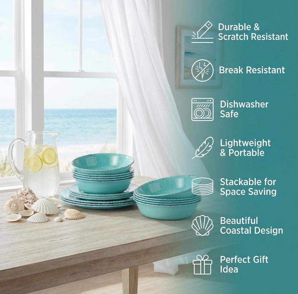 12PCS Melamine Dinnerware Sets, Turquoise Plates and Bowls Sets
