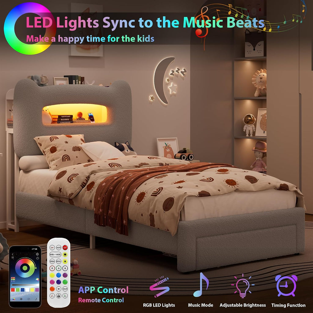 Led Twin Bed Frame for Kids with Drawer, Grey | Upholstered Sturdy Platform Bed, Storage Headboard, Charging Station