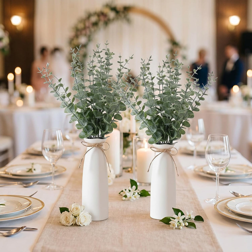 2 Pack Artificial Eucalyptus Stem in White Ceramic Vase 19" Fake Greenery Plants Decor 40 Pcs Modern Indoor Fake