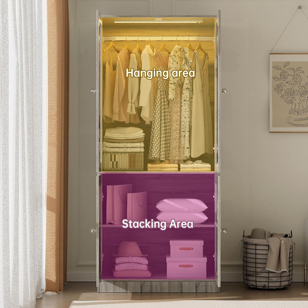 75" Tall Armoire Wardrobe Closet with 2 Glass Doors | Adjustable 3-color Lighting, Clothing Storage Cabinet with