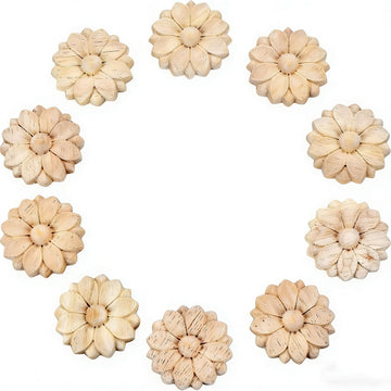 10-Pack Unpainted Wood Rosettes Onlay Appliques (Dia-5cm/2) for Furniture Decoration, Unfinished Round Flower Carving