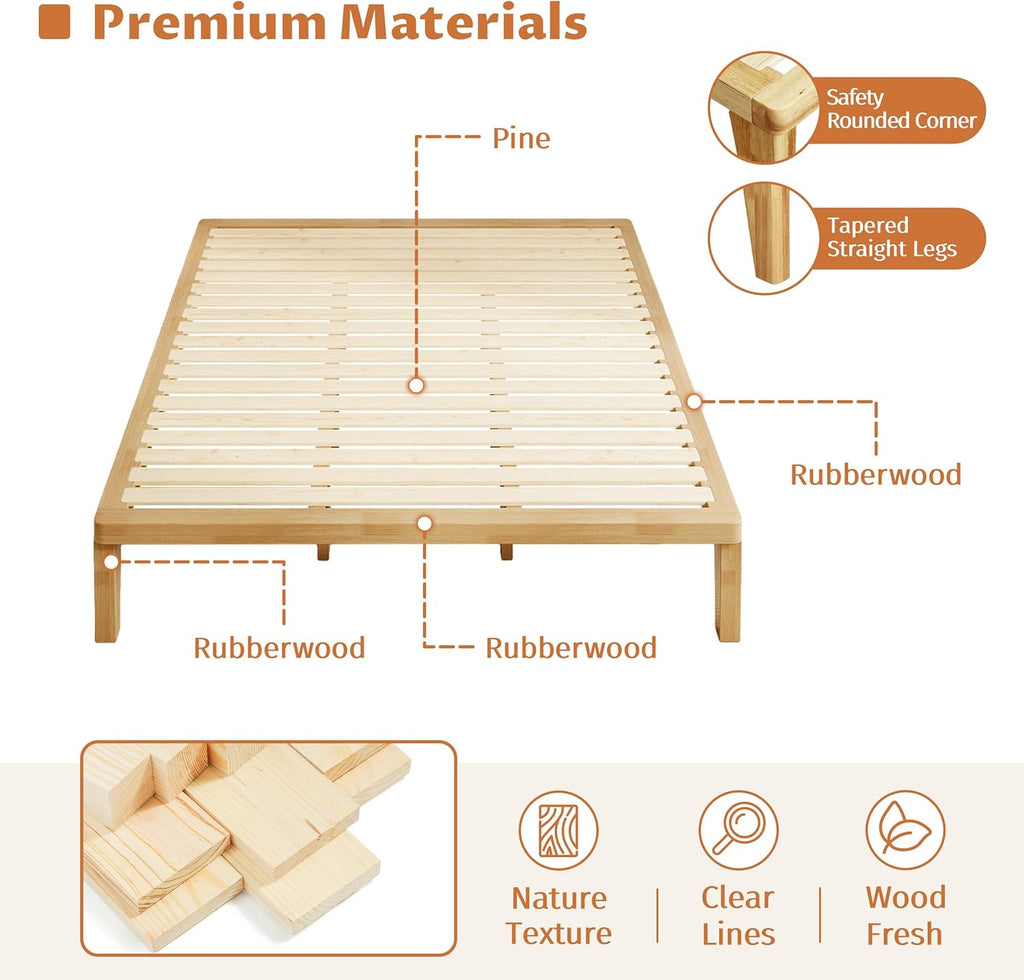 Queen Platform Bed Frame - 12 Inch Solid Wood Mattress Foundation Base with Heavy-Duty Support Slats & Legs