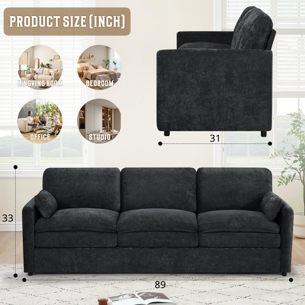 89" Chenille Soft Sofa w/Well-Filled Backrests, Black