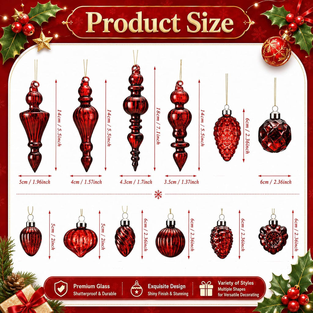 Vintage Mercury Glass Finial Christmas Ornaments, Burgundy - Set of 20