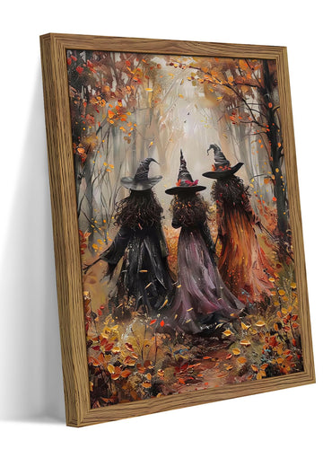 Vintage Halloween Witch Wall Art, Fall Forest Three Witches Canvas Wall Decor Painting, Dark Halloween Witch Artwork