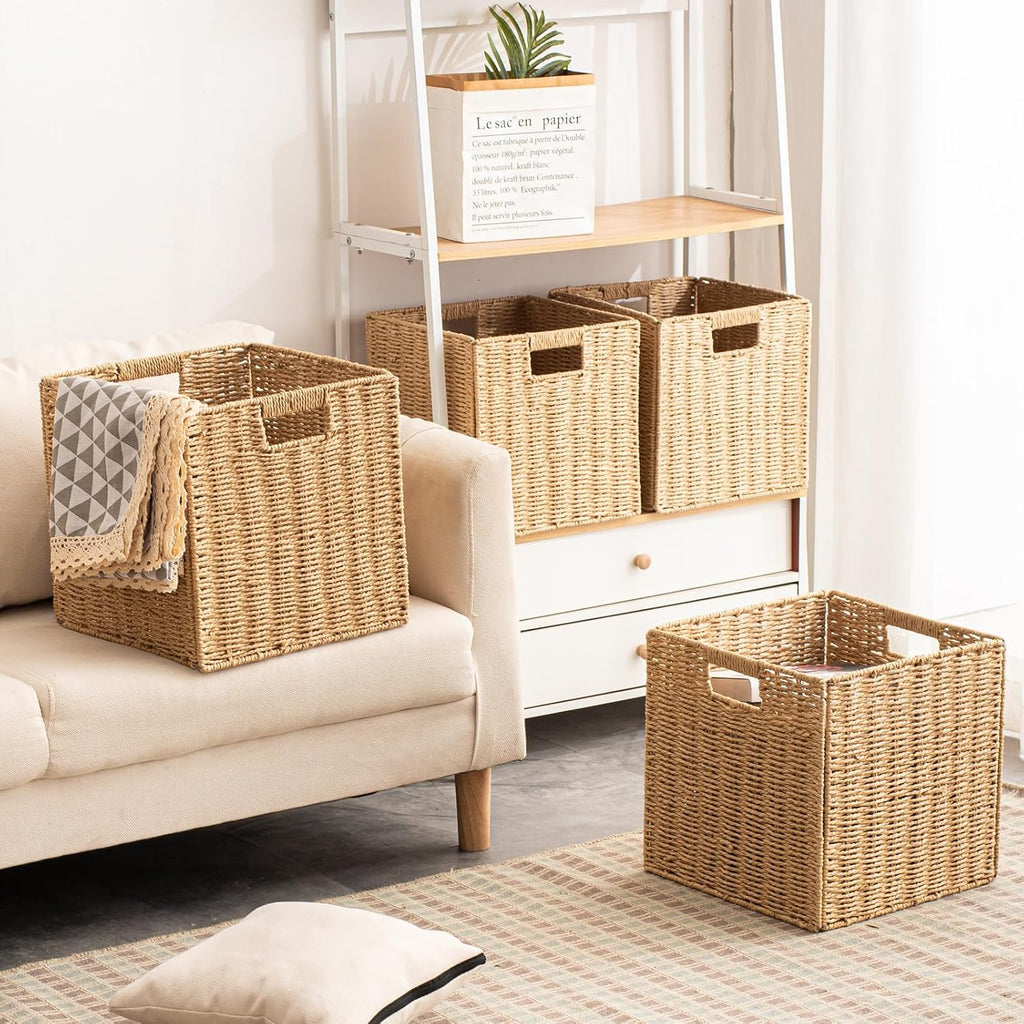 Foldable Storage Baskets with Handles Paper Rope Storage Baskets Rectangle Collapsible Hand Woven Storage Cubes Bins