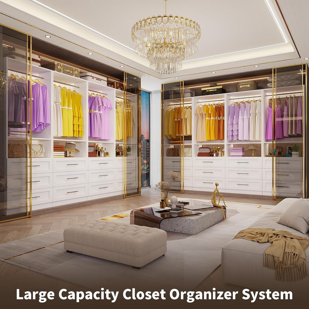 Closet System Set of 4, Closet System with 12 Drawers, 8 Rods & 4 Shelves, 8-21FT Walk in Modular Closet Organizer
