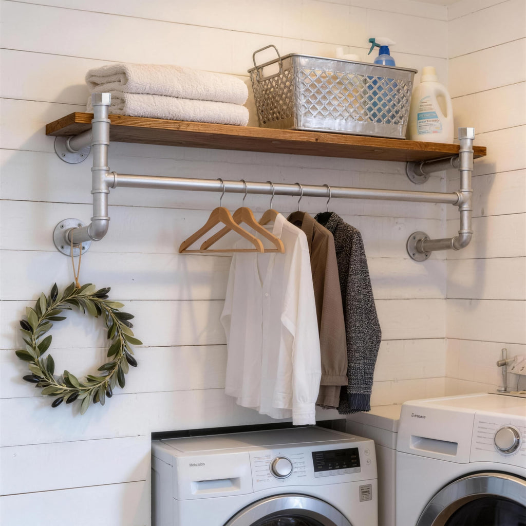 Wall Mounted Clothes Rack with Shelf, 36" Industrial Pipe Clothing Rack with Shelf with Hanging Rod, Heavy Duty Iron