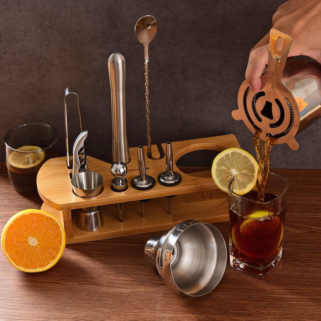 Cocktail Shaker Set Bartender Kit : 12-Piece Bar Tool Set with Bamboo Stand | Bars Set with All Practical Bar
