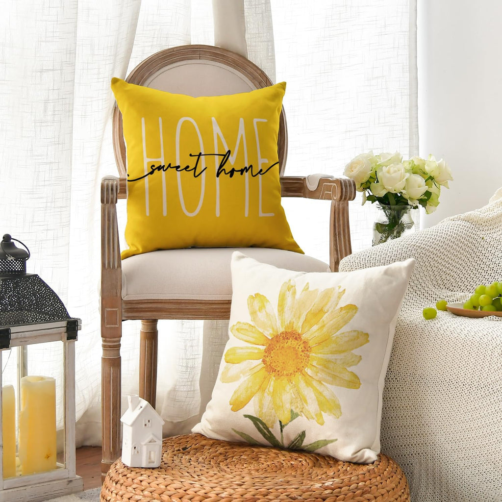 Home Sweet Home Spring Summer Flowers Yellow Throw Pillow Covers, 18 x 18 Inch Cushion Case