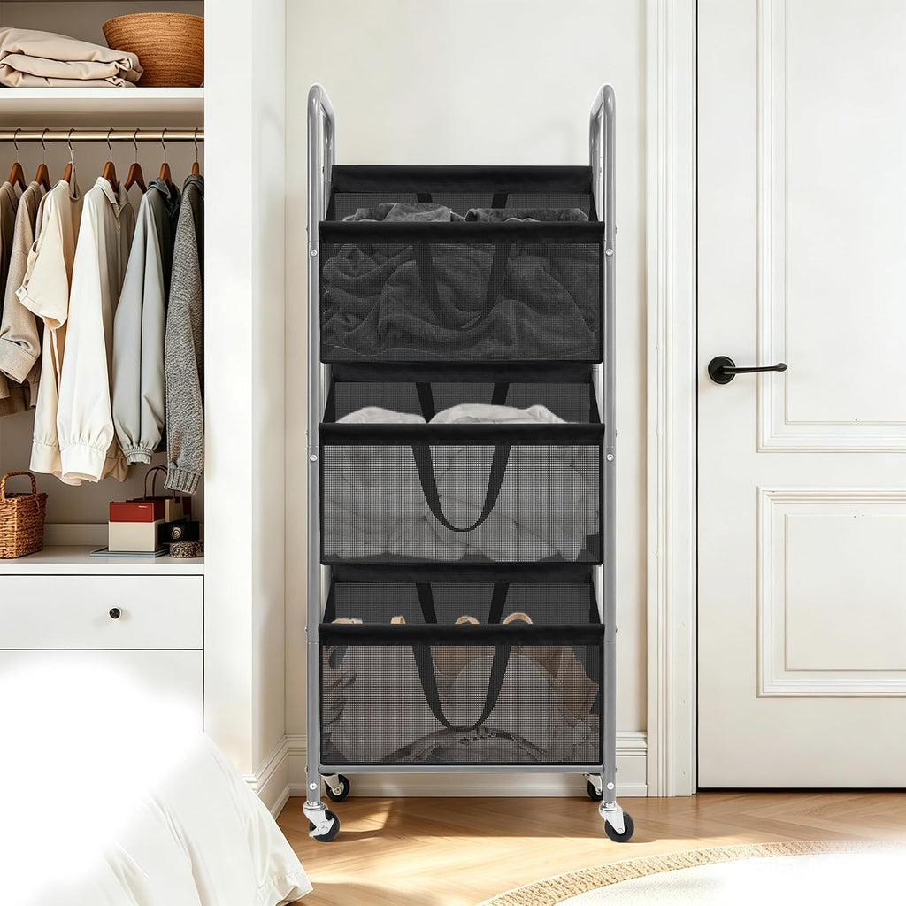 3-Tier Vertical Rolling Laundry Hamper, Removable Bags, Black Mesh | 120L Capacity, Space-Saving Vertical Design