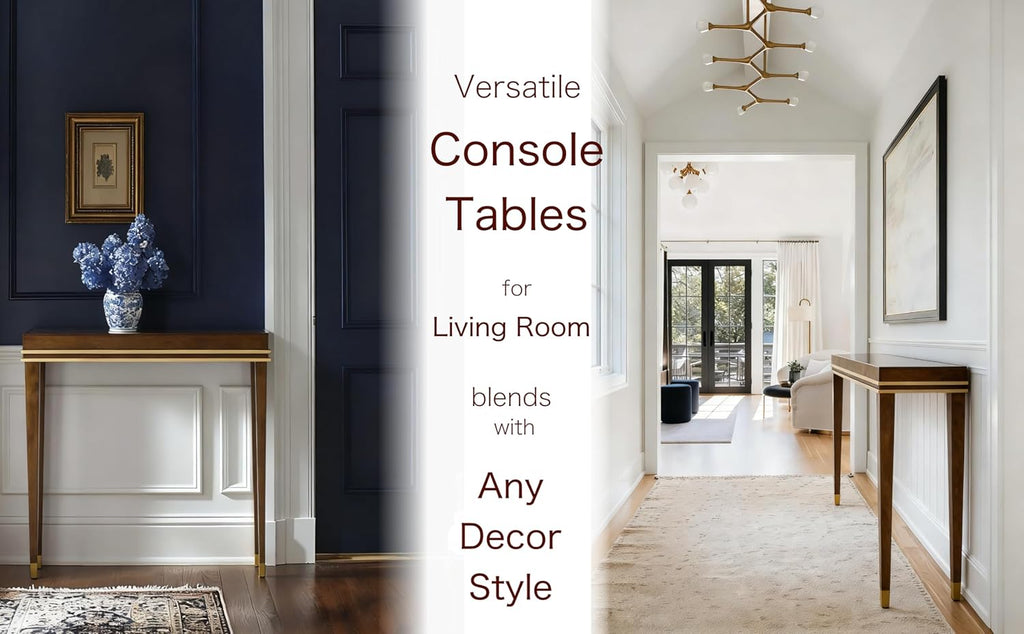 Modern Console Table - Narrow Hallway Table with Golden Accents, Walnut Veneer Hand-Finished - 11.75 Inch Deep Slim
