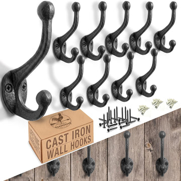 Rustic Cast Iron Coat Hooks (10 Pack) Wall Mounted Farmhouse Decorative Wall Hooks, Vintage Hooks for Hanging Coats