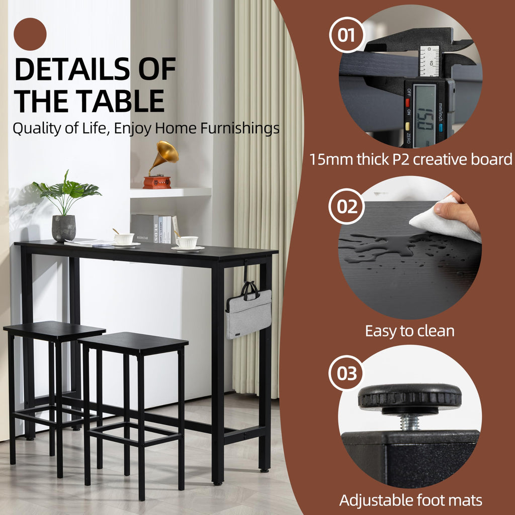 52.7" Industrial Bar Table Set with 2 Stools - Counter Height Dining & Pub Table for Small Spaces, Kitchen