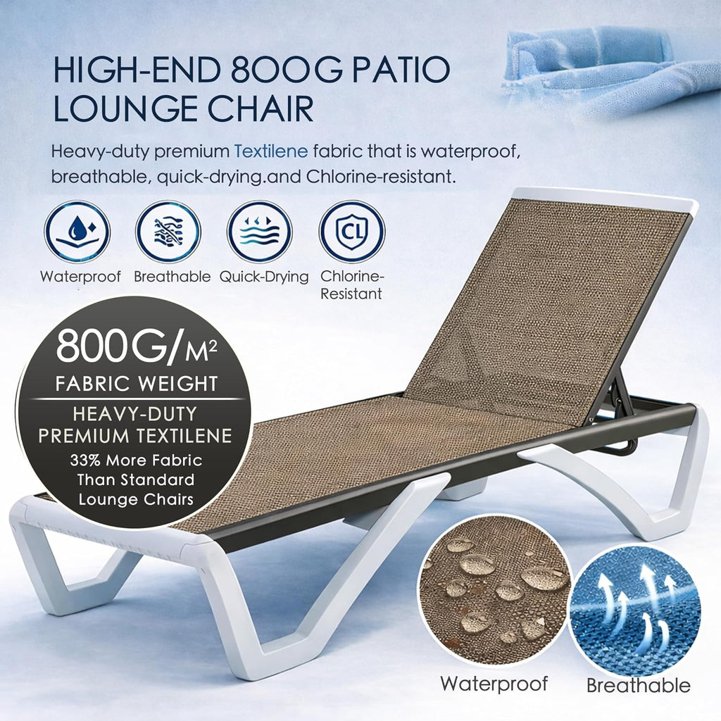 Outdoor Chaise Lounge Chair, Fully Flat Adjustable Patio Lounger | Aluminum Frame & Resin Legs, Textilene Fabric