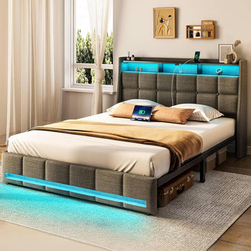 Full Bed Frame with LED Lights and Charging Station, Upholstered Headboard with 2-Tier Storage Shelves