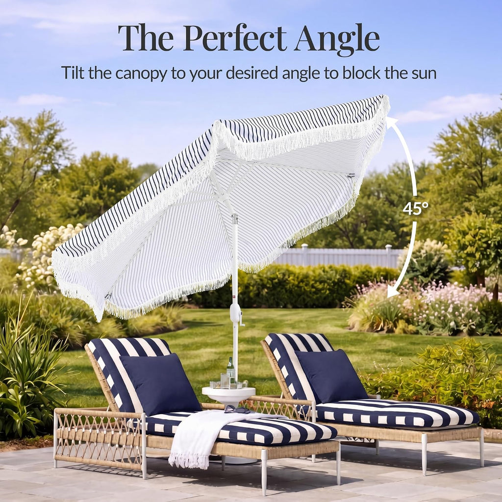 9ft Fringe Market Patio Umbrella - Outdoor Boho Tassel Sunshade for Table, Pool, Deck, Backyard - Navy Pinstripe