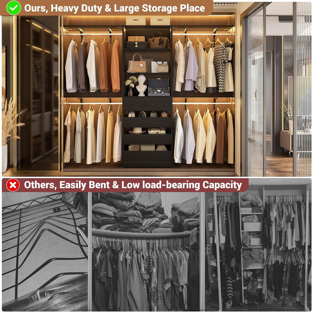 Closet System, 8FT Closet Organizer with 4 Wooden Drawers, Wood Closet Organizer System with Tower, Walk-in Closet