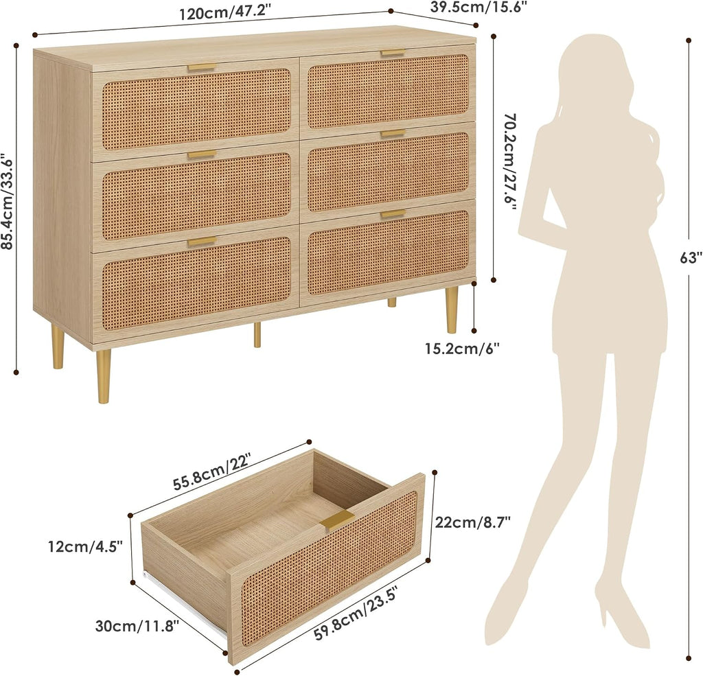 Rattan 6 Drawer Dresser , Large Double Dresser with Deep Drawers, Wooden Chest of Drawers for Closet with Wide Top