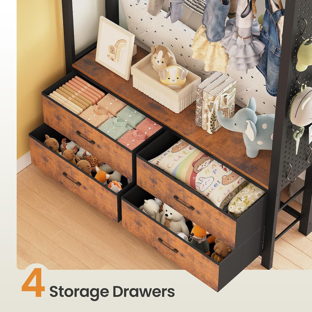 Metal Bunk Bed Twin Over Twin with Hall Tree, Power Outlet, LED Bunk Bed with 4 Storage Drawers