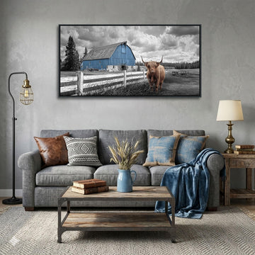 Rustic Farmhouse Barn Wall Decor - Highland Cow Wall Art, Black and White Retro Landscape Picture, Vintage for