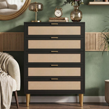 44'' Tall Rattan 5 Drawer Dresser, Narrow Wooden Vertical Dresser with Metal Legs and Handles, Modern Chest of
