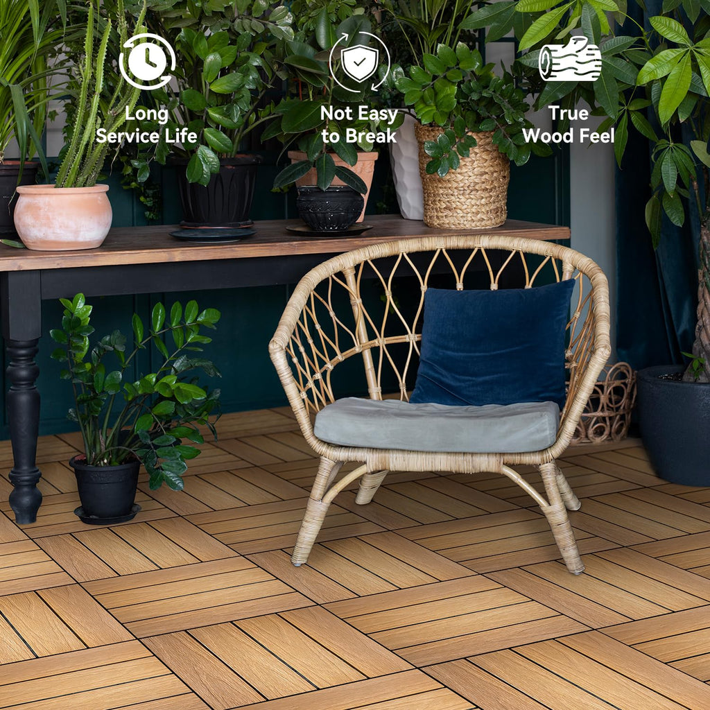 WPC Deck Tiles,12x12 Inch 9 PCS Teak, Waterproof Composite Flooring, Easy Snap Together DIY Indoor Outdoor Tiles for