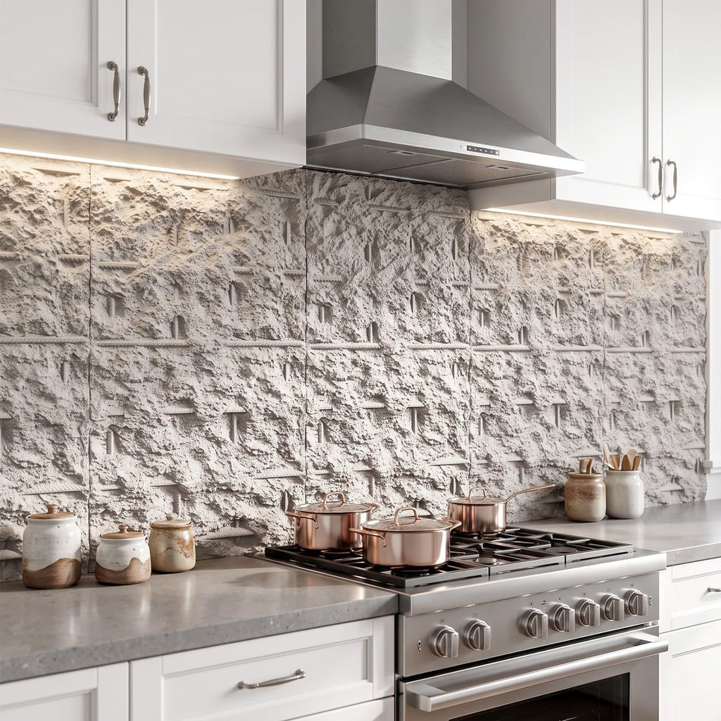 3D Faux Stone Wall Panels, 4 PCS PU Wainscoting Panel - Frosted Stone Design for Interior Wall Decor, Home & Office