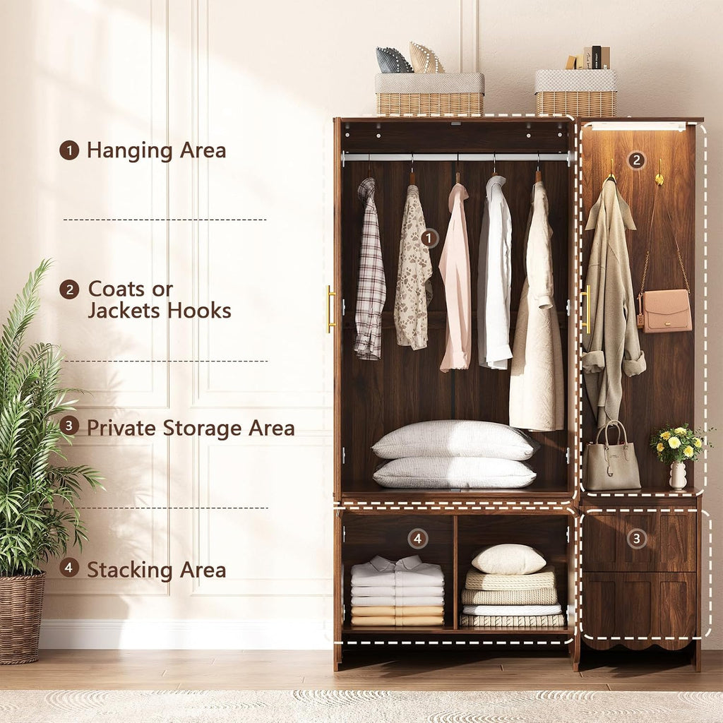 Armoire Wardrobe Closet with 2 Drawers, 3 Open Shelves, Sensor Light, 71" Tall Bedroom Armoire with Hanging Hooks and