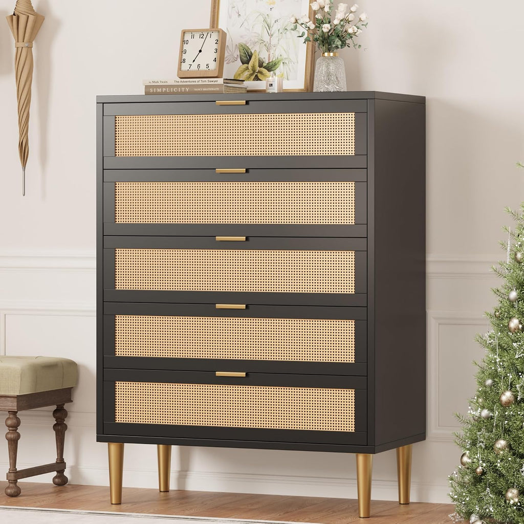 44'' Tall Rattan 5 Drawer Dresser, Narrow Wooden Vertical Dresser with Metal Legs and Handles, Modern Chest of