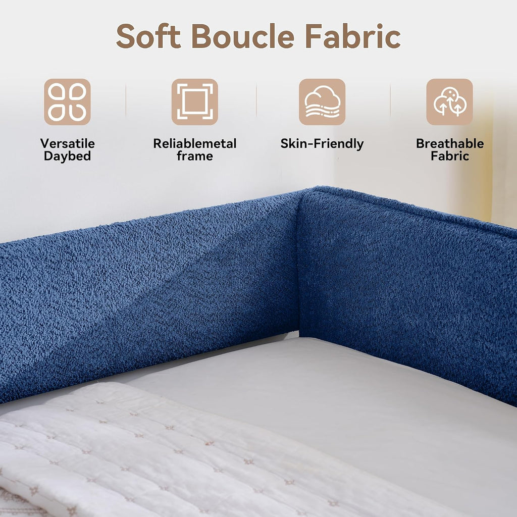 Queen Daybed with 2 Storage Drawers, Boucle Upholstered Daybed Frame with Tufted Design, Queen Size Storage Daybeds