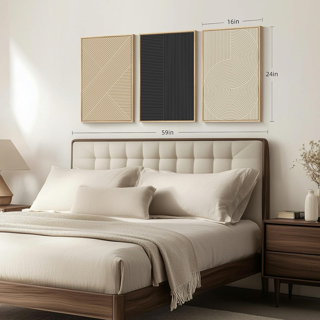 Framed Neutral Abstract Wall Art , Set of 3 Piece Boho Modern Beige Canvas Artworks for Walls, Minimalist Geometric
