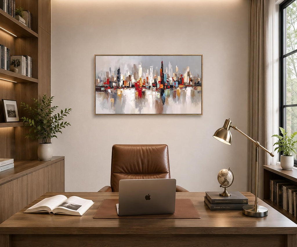 Large Modern Cityscape Wall Art, Framed Abstract Skyline Canvas Artwork, Contemporary Urban Decor Bedroom Office