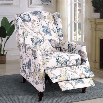 Mid Century Modern Wingback Recliner Chair for Adults, Push Back Upholstered Accent Chair with Floral Fabric, Manual