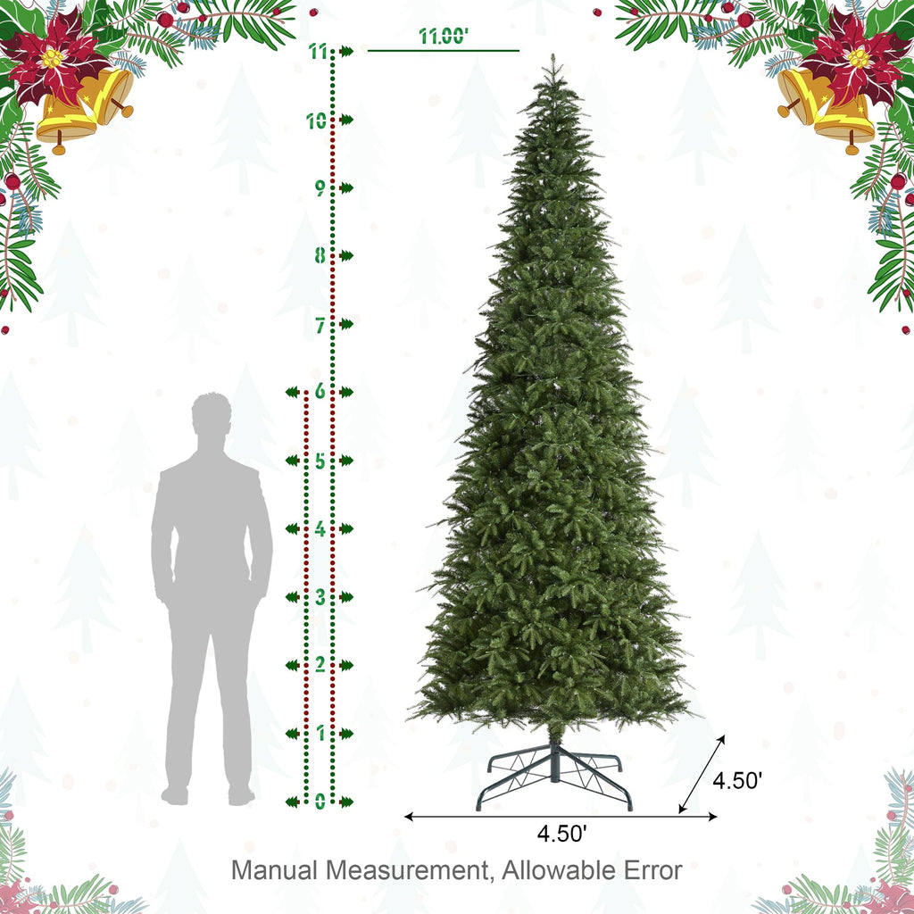 11ft Pre-Lit Christmas Tree, Hinged Slim Artificial Xmas Tree, Radiant Evergreen Fir with 850 Warm White/Multi-Color