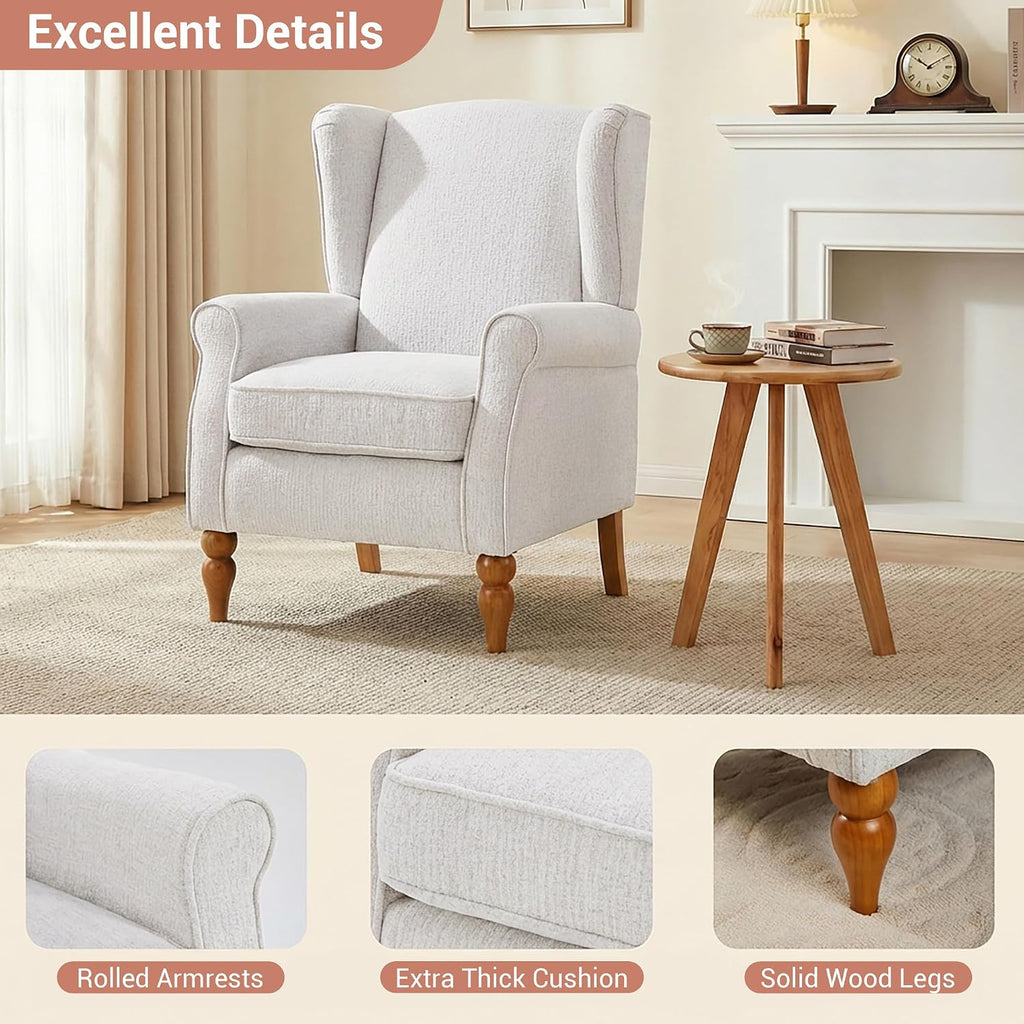 High Back Wingback Accent Chair, Modern Upholstered Armchair Comfy Reading Chair with Solid Wood Legs Bedroom
