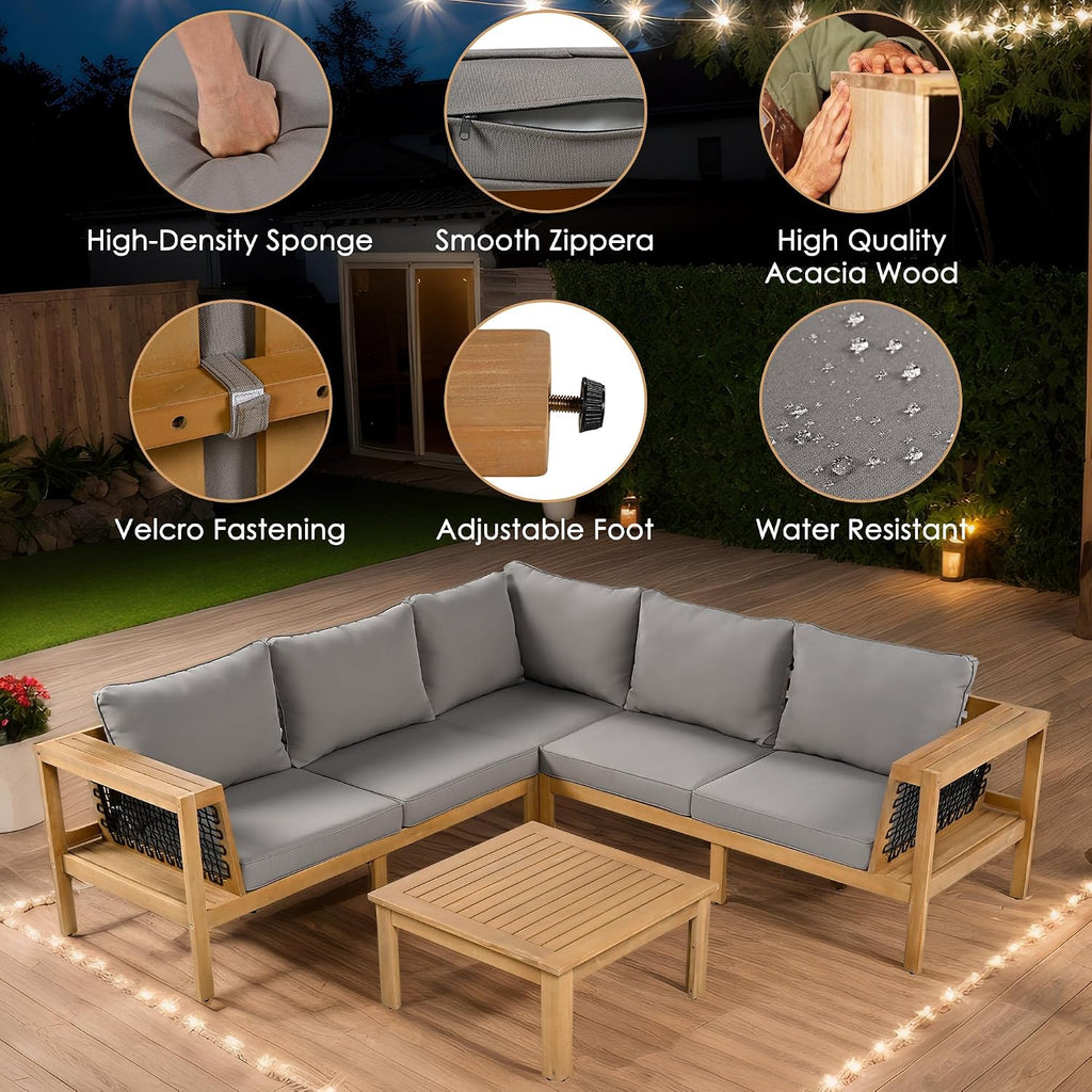 4 Pieces Patio Furniture Set, Outdoor L-Shaped Sectional Sofa Set with Coffee Table, Acacia Wood Conversation Seating