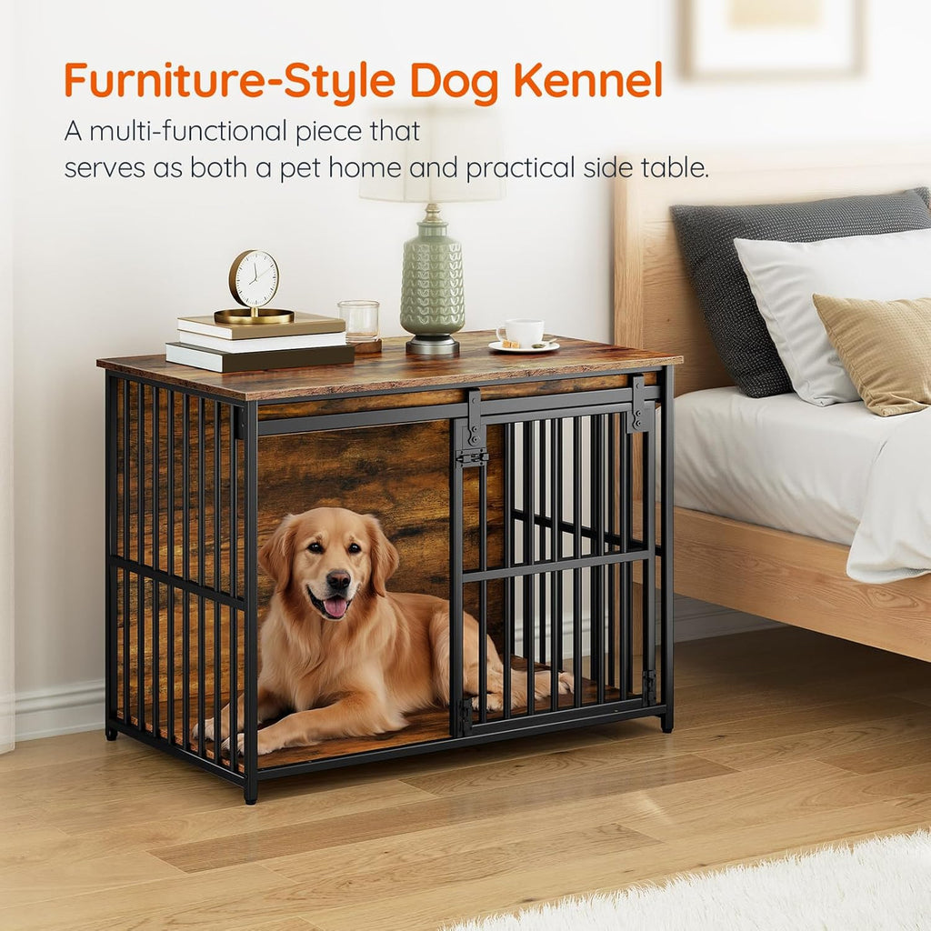 Dog Crate Furniture, 36.6" Heavy Duty Dog Kennel with Sliding Barn Door, Wooden Dog Cage Indoor