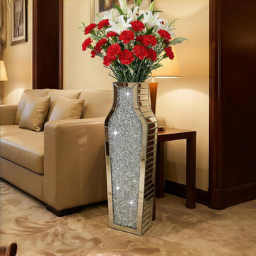 30" Large Double Sided Crushed Diamond Vases,Tall Silver Mirrored Vase for Floor,Big Crystal MirrorDecorative Vase