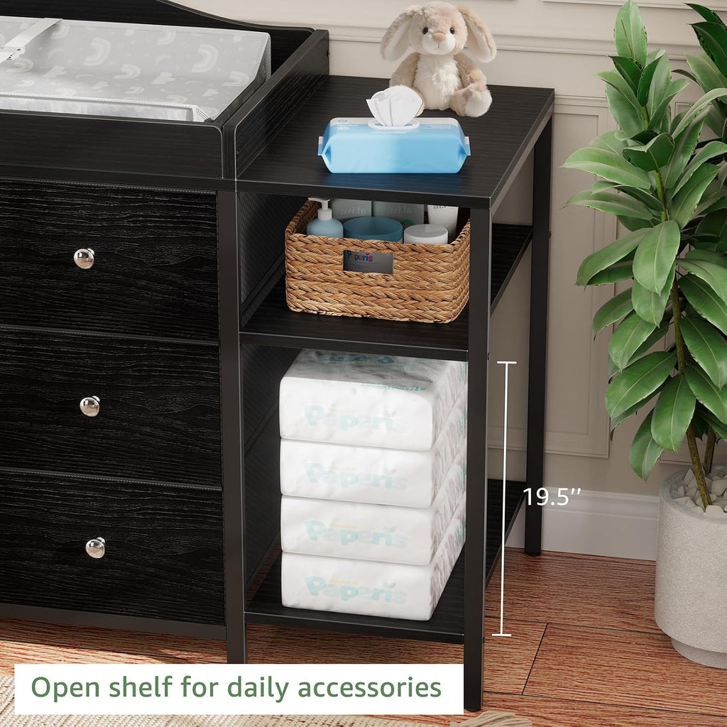 Baby Dresser with Changing Table Top, Black Changing Table Dresser with 6 Fabric Drawers Diaper Changing Station with