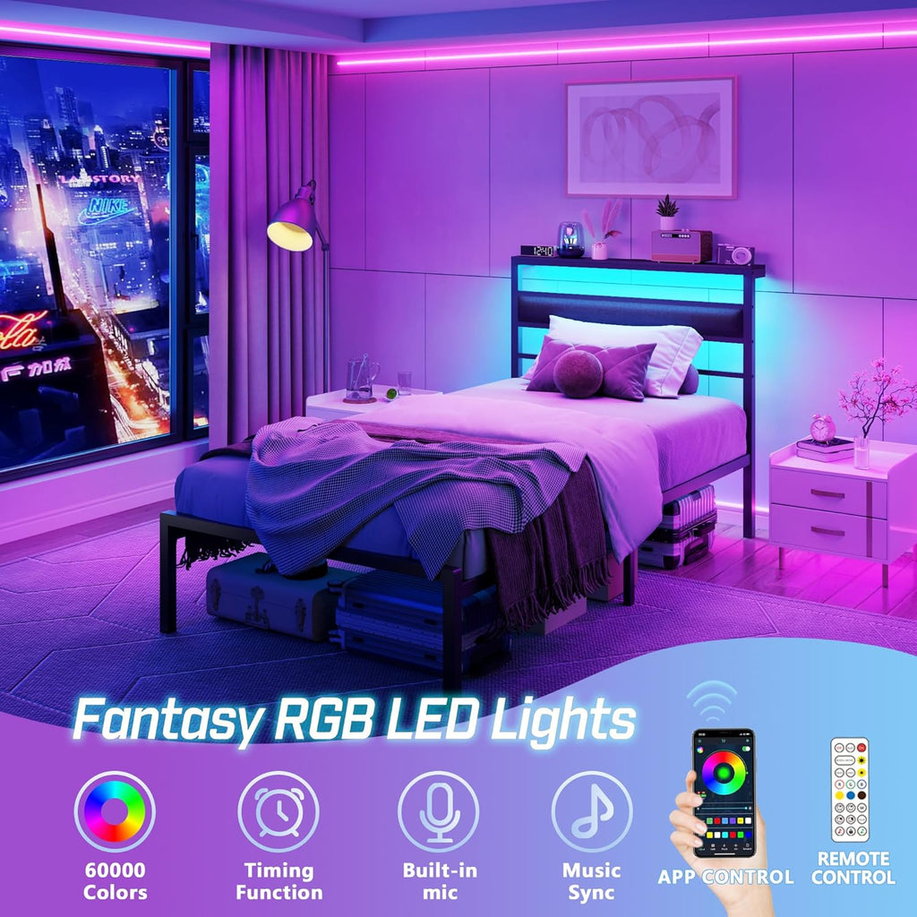 Twin Bed Frames for Kids, Upholstered Headboard and Storage Shelf | led lights, under-bed storage, no box spring