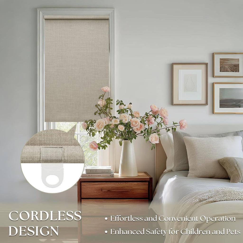 100% Blackout Roller Shades for Windows Cordless Linen Fabric Roller Blinds Thermal Insulated UV Protection Shades