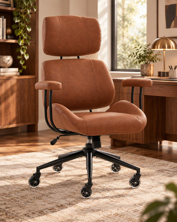 Mid-Century Modern Desk Chair, Brown Ergonomic Leather Office Chair