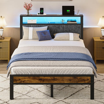 Full Platform Bed Frame with LED Lights, Charging Station, Grey Upholstered Headboard with 2-Tier Storage Shelves