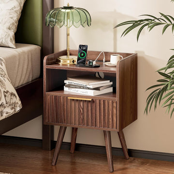 Nightstand with Charging Station, USB-C Port, Fluted Night Stand with Drawer, Bed Side Table with Solid Wood Feet