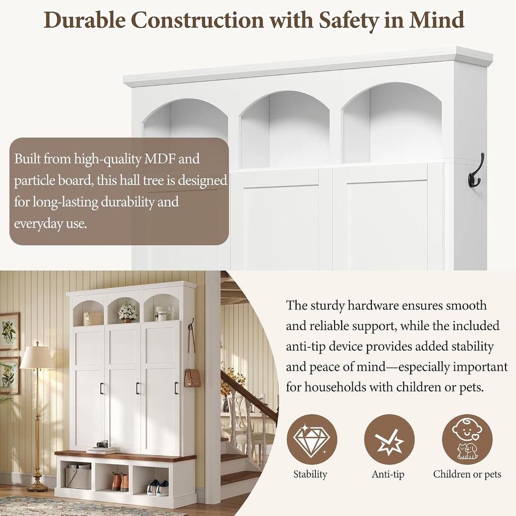 Classic Arched Hall Tree with 3 Hidden Storage, Farmhouse Mudroom Bench with 5 Hooks, Mid-Century Entryway Organizer