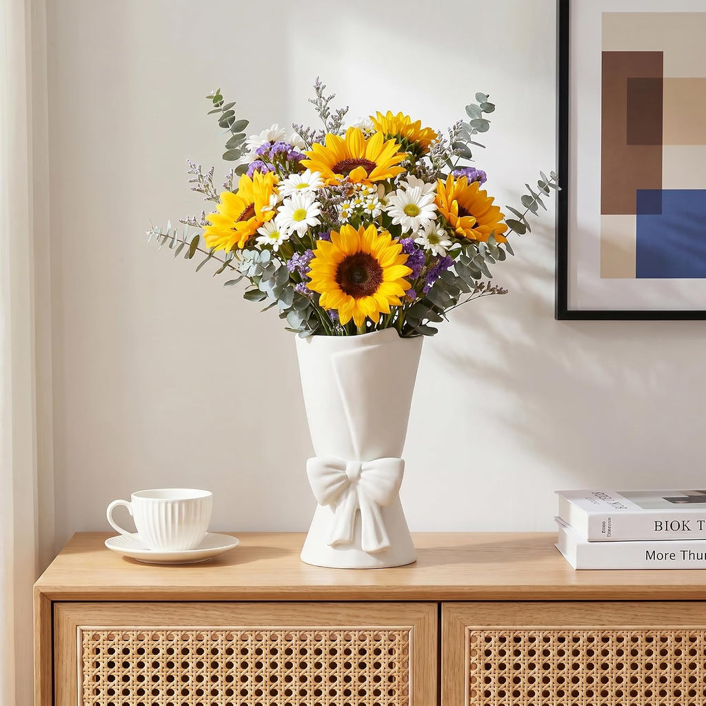 White Ceramic Bow Vase Unique Cute Decorative Bouquet Flower Vases 9.64 in Summer Home Decor Vase