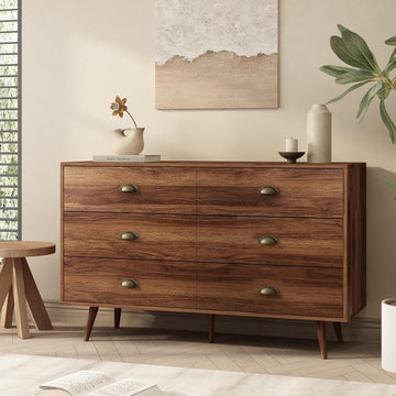 Walnut Dresser , 6 Drawer Dresser with Wide Drawers and Gold Metal Handles, 47" Wood Dressers & Chests of Drawers .