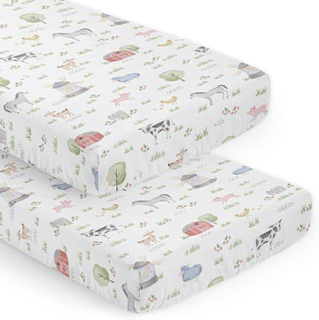 2-Piece Baby Crib Sheets Set (Farm Animals) for Boys or Girls, Infant Nursery, Toddler Room - Standard Size (Neutral