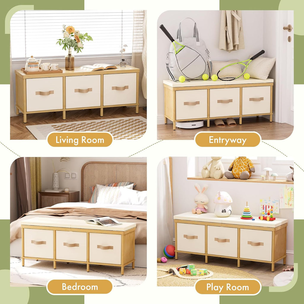 Storage Bench, 43.3" Bamboo Storage Chest with 3 Drawers, Entryway Bench with Cushioned Seat, End of Bed Bench with